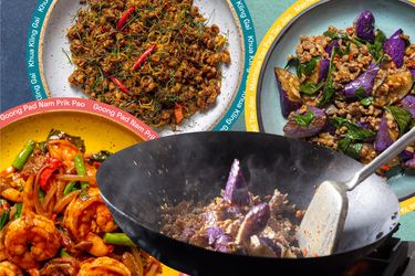 Collage of three stir fry dishes and eggplant being tossed in a wok