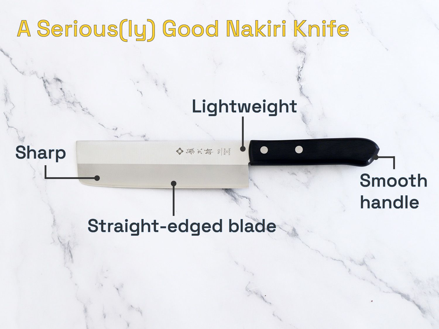 一把非常好的nakiri刀:锋利，轻巧，光滑的手柄，直刃刀片