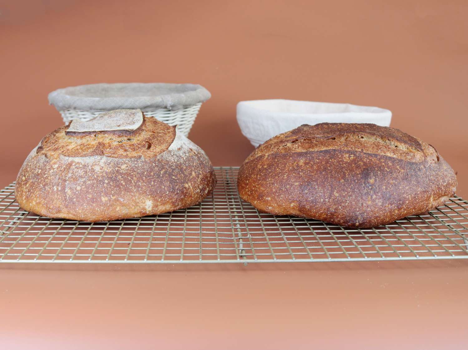 a taller round loaf of bread next to a shorter, stouter loaf