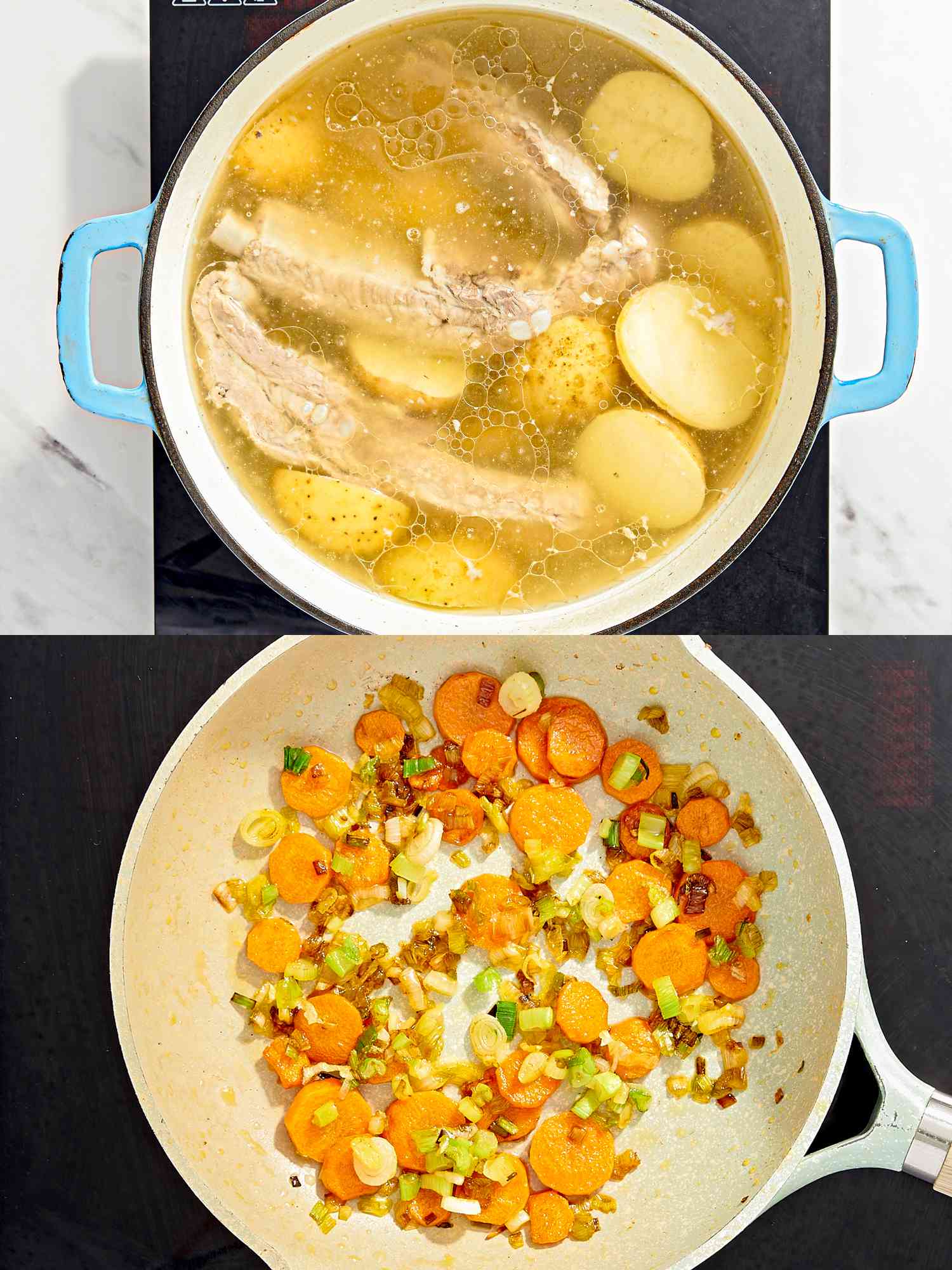 Two image collage of potatoes added to broth and carrots and onions frying