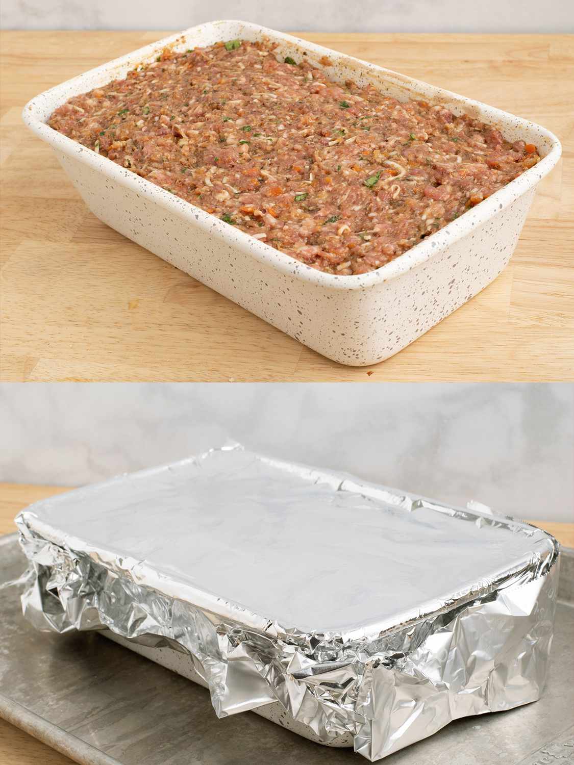 Meatloaf mixture in a baking dish, then covered with foil