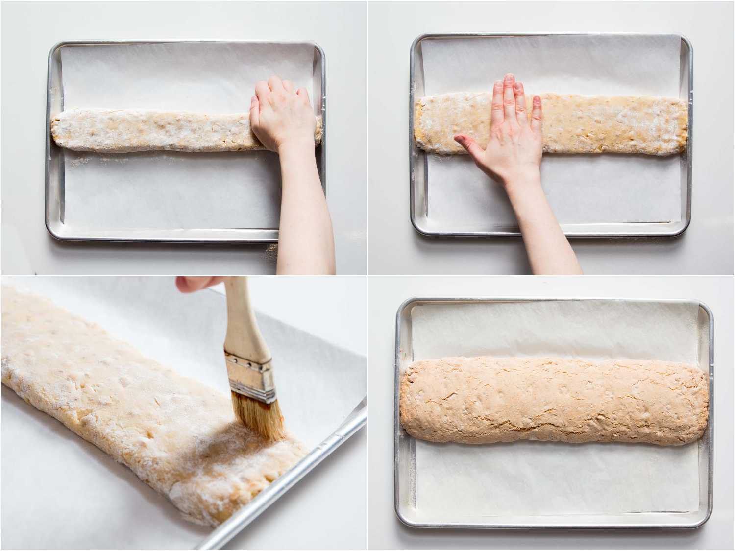 Collage of the author flattening the log of dough on a parchment-lined baking sheet.