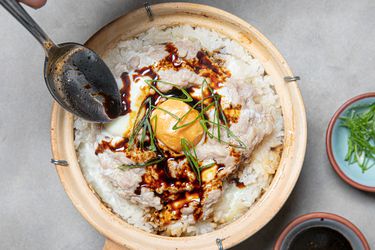 Chinese meatloaf on top of Cantonese clay pot rice.