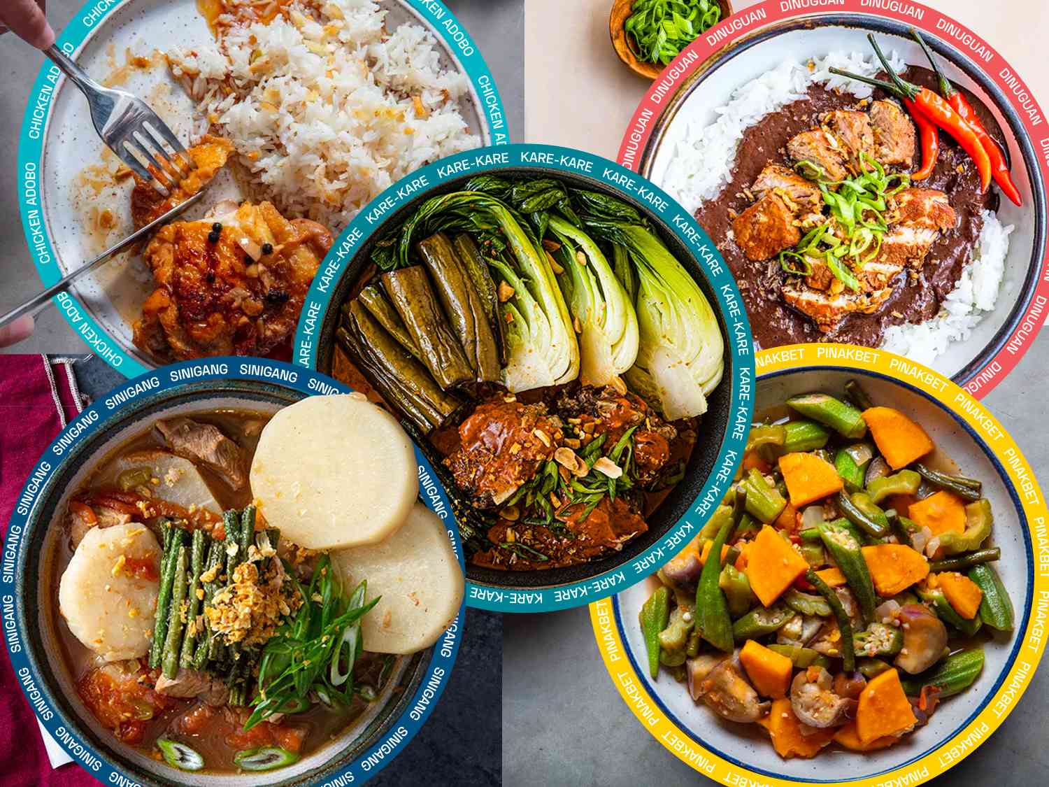 菲律宾汤和炖菜的拼贴，每道菜的名字都有图形叠加