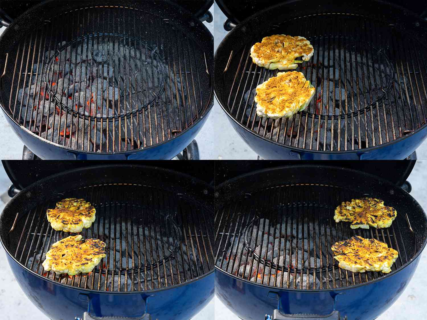 一幅四幅图片的拼贴画，展示了一个准备做饭的木炭烤架，然后把菜花移到烤架表面的不同部位。