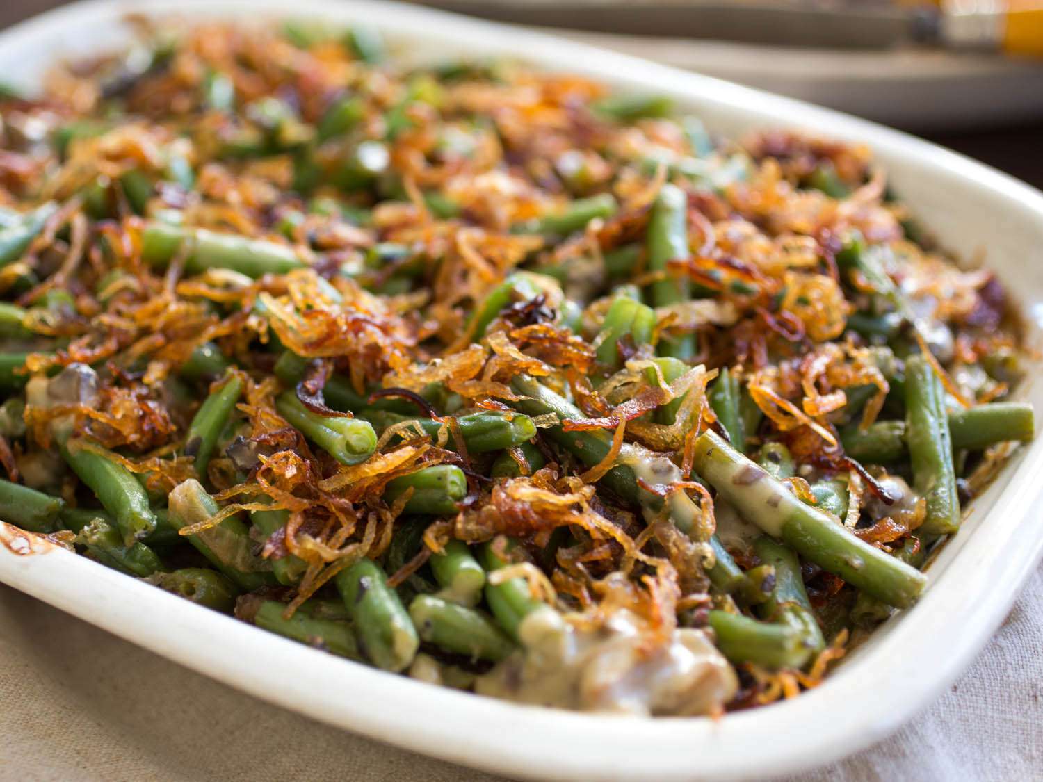 Green bean casserole with crispy fried shallots topping