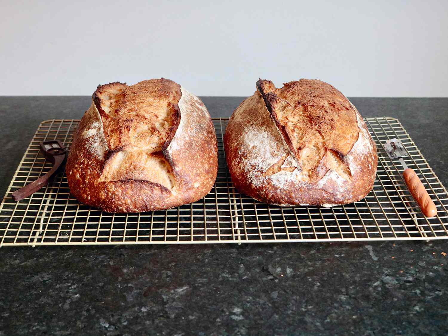 两条酸面包并排放在铁丝架上，旁边是一条直面包条和一条弯面包条。