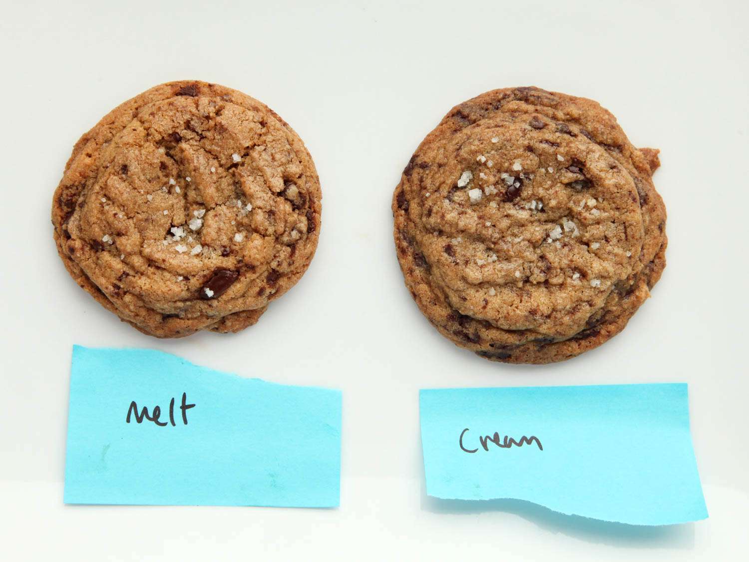并排的图片显示两个巧克力饼干，一个用融化的黄油和一个用软化的黄油和奶油的方法。gydF4y2Ba
