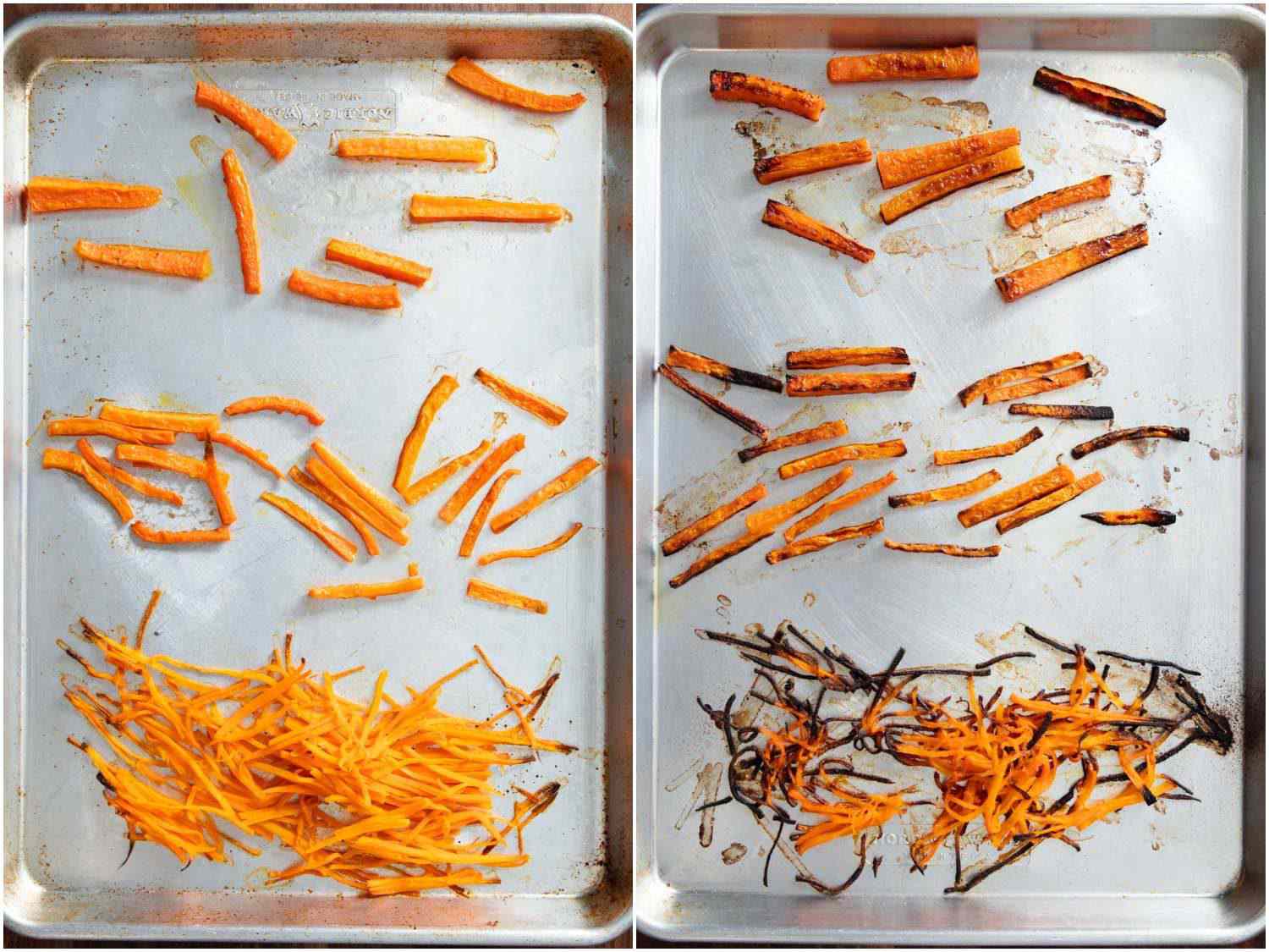 胡萝卜切成不同大小，但在相同的烤箱里，在相同的温度下烹饪的对比。较小的部分烧焦了，而较大的部分还没有变成褐色。