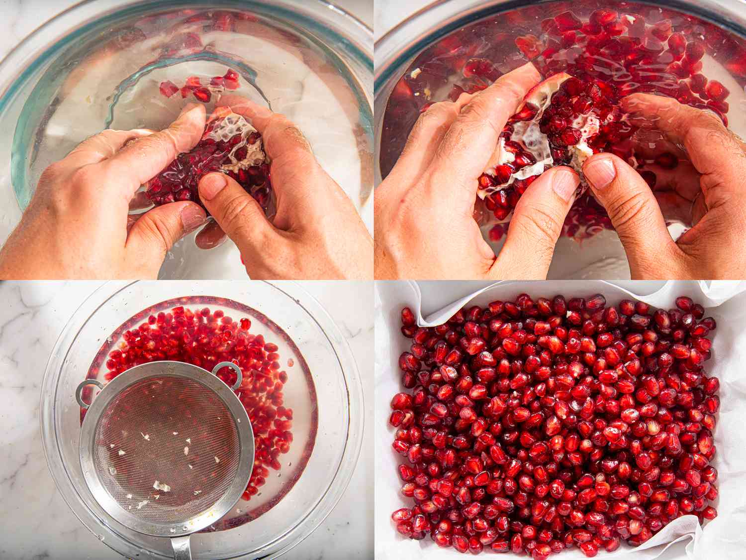 Four image collage of removing pomergranate seeds in water, spooning out white parts, and pomegranate seeds drying