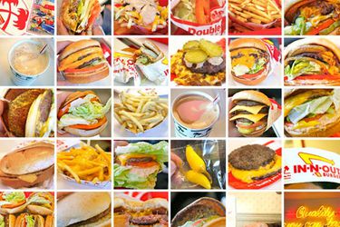 A collage of thirty small images with various In-N-Out food items like burgers, fries, and milk shakes