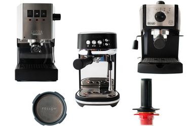 Collage of three espresso machines and tools on white background