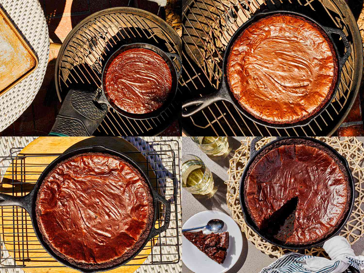 Four image collage of brownie cooking on the grill