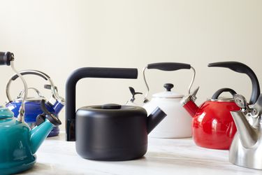 An image of all of the kettles we tested on a marble countertop