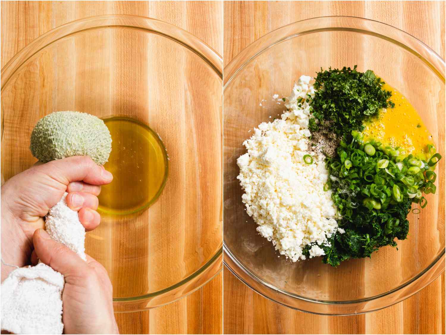 拼贴:用毛巾把煮熟的菠菜里的水挤出来;另一碗，里面有奶酪、鸡蛋、葱花和切碎的菠菜gydF4y2Ba
