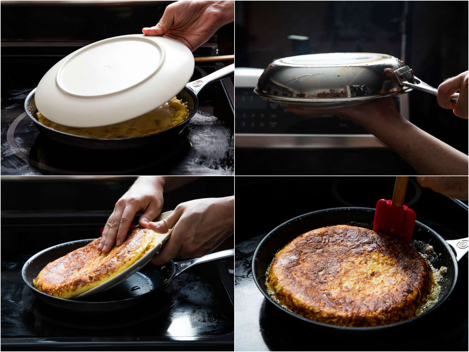 四张拼贴图展示了如何翻转玉米饼española。用盘子盖住玉米饼，迅速把平底锅倒过来，这样玉米饼就在盘子里了。把煎锅放回火上，把玉米饼放进去。用硅胶刮刀重塑边缘。gydF4y2Ba