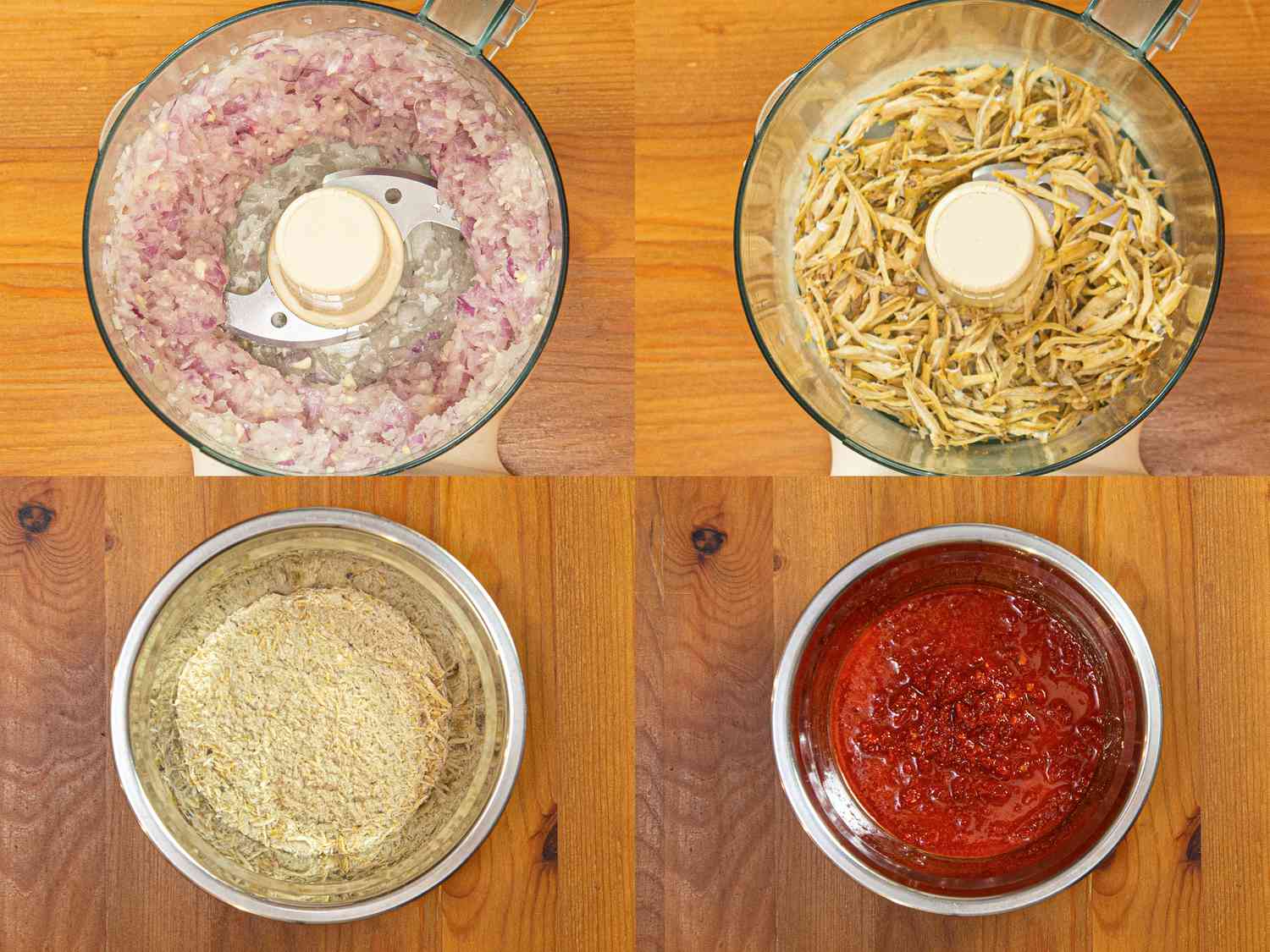 四幅图像拼贴:在食品加工机中加工的洋葱，加工前后的伊康比利，以及在碗中加工的辣椒酱