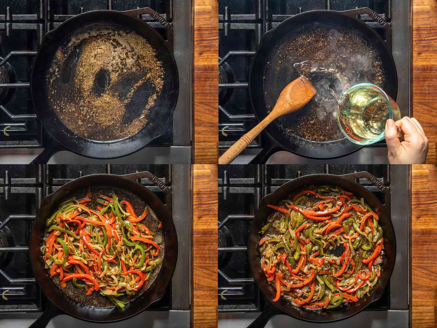 Four image collage of an overhead view of a skillet with seasonings in it, white wine added, peppers added, and peppers reduced to a jam like consistency