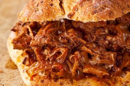 Close-up of slow cooker pulled pork with Dr. Pepper sandwich