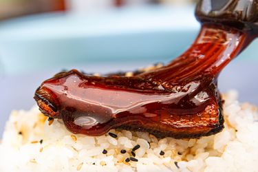 Side view of unagi sauce being brushed on eel