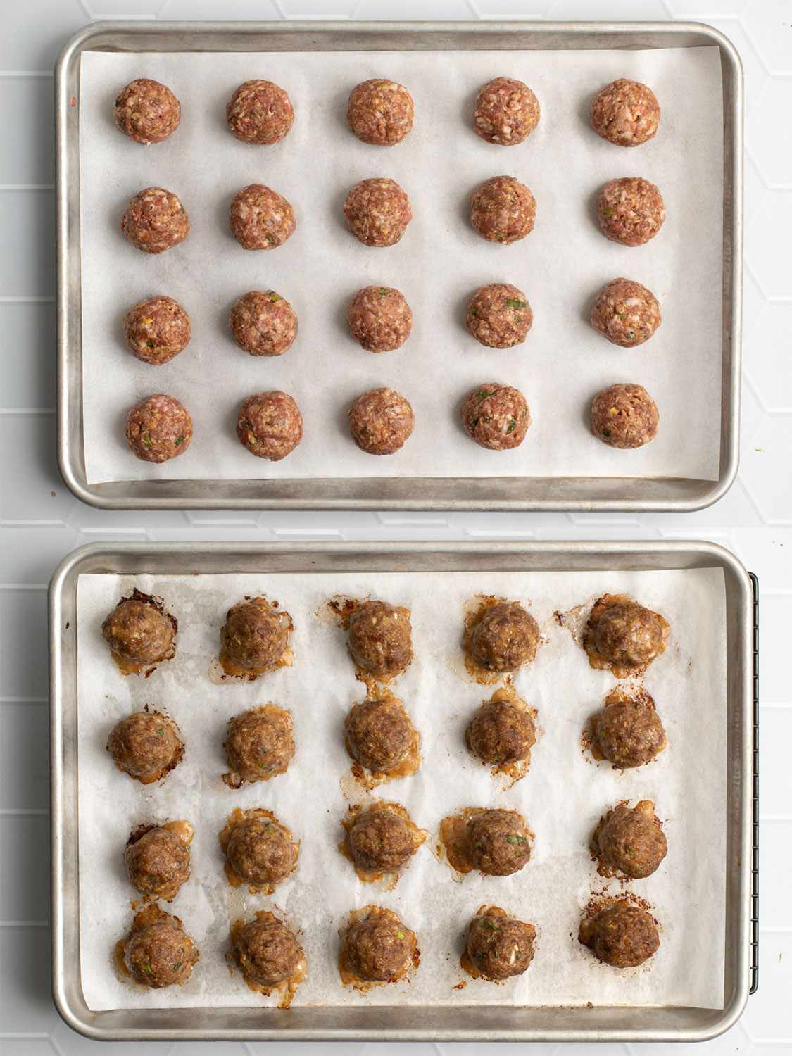 A two-image collage. The top image shows the formed, uncooked meatballs resting on a layer of parchment paper inside of a sheet pan. The bottom image shows the meatballs, now fully cooked, on the same parchment paper inside the baking sheet.