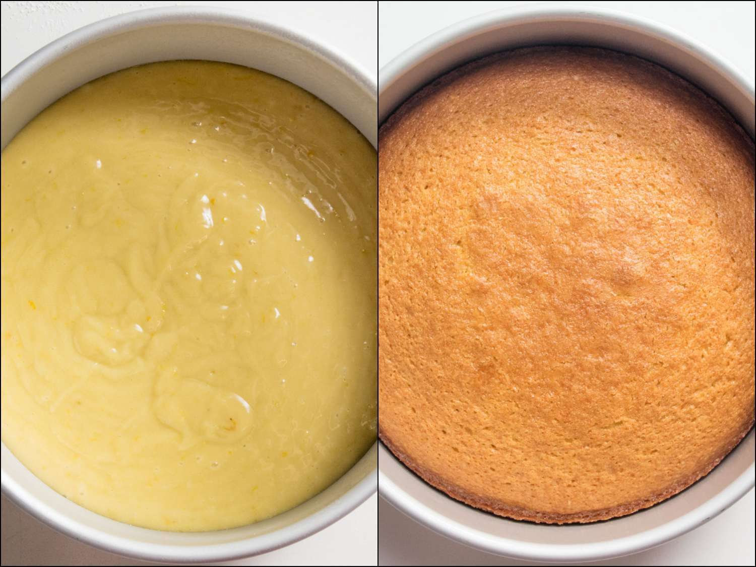 A photo collage of olive oil cake before and after baking.