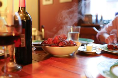 A serving bowl piled high with super-simple Friday night meatballs.