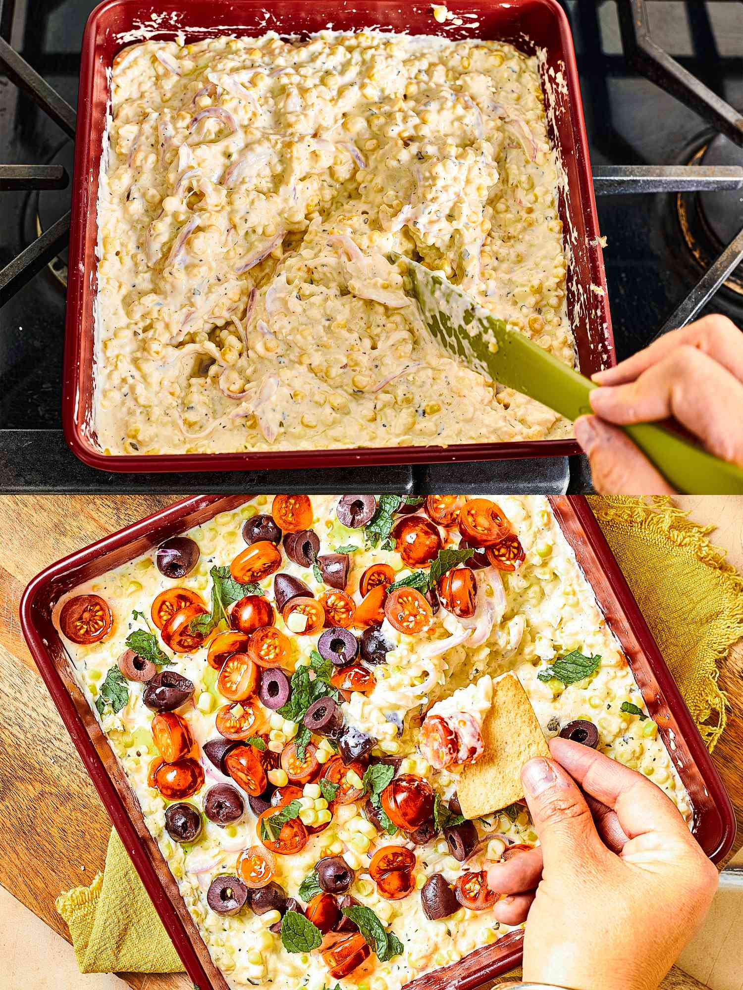 Two image collage of stirring corn dip and finished dip topped with tomatoes and olives