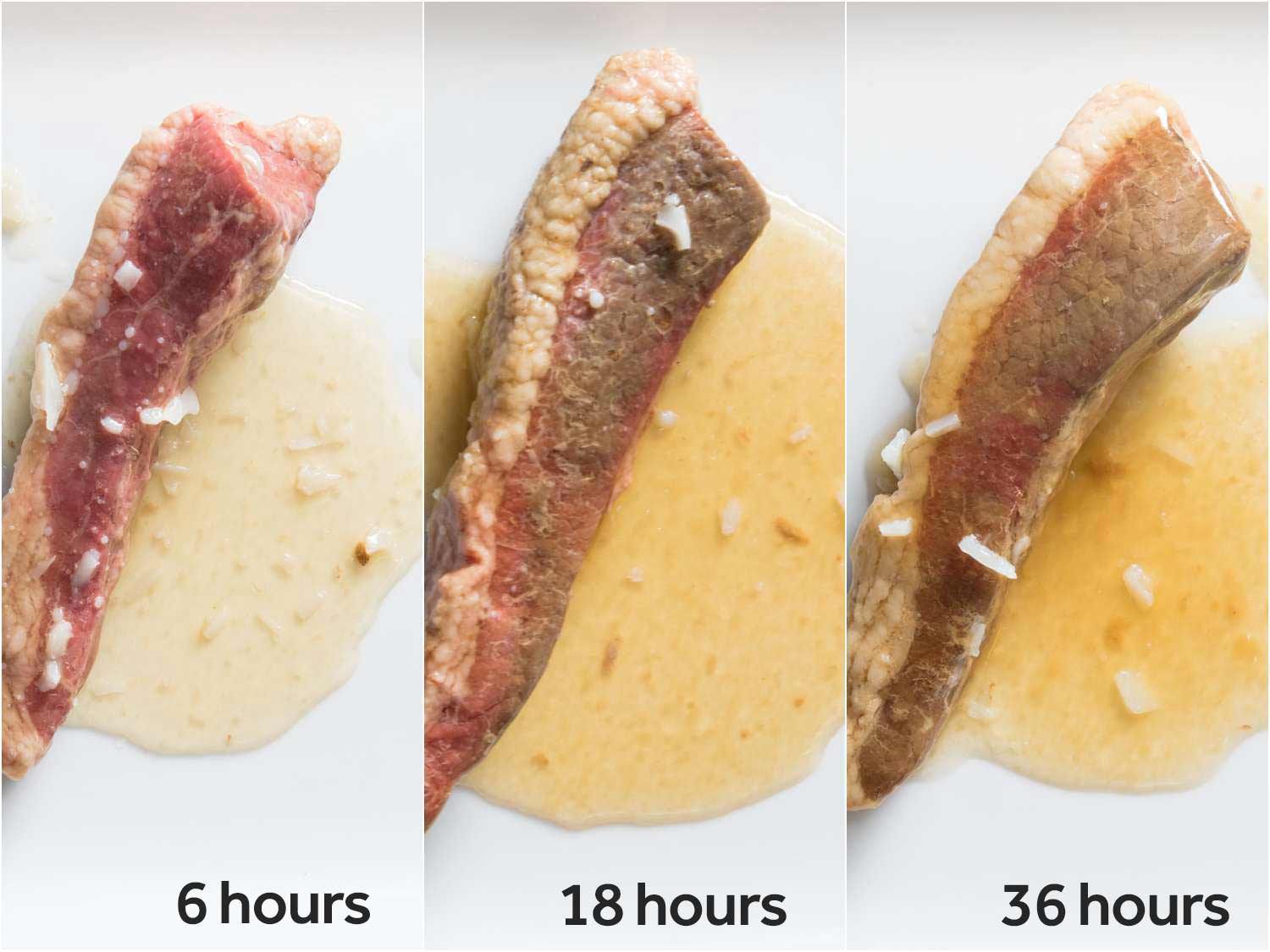 真空腌制咸牛肉的比较。从左到右:6小时，16小时，36小时。