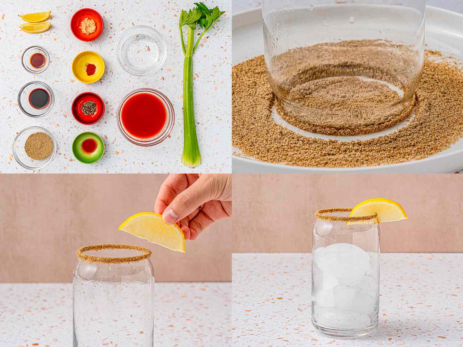 Four image collage of ingredients and prep steps for bloody mary