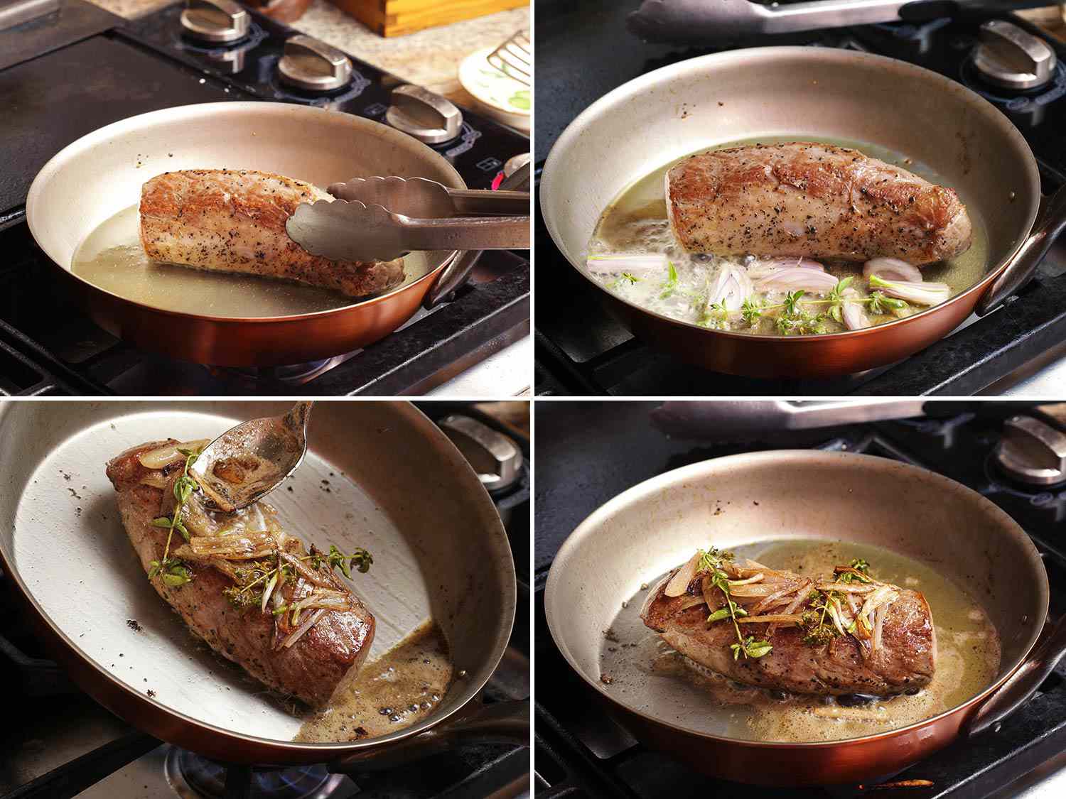 图片拼贴显示了烧真空猪里脊肉的步骤，并在上面涂上黄油、香草和葱。