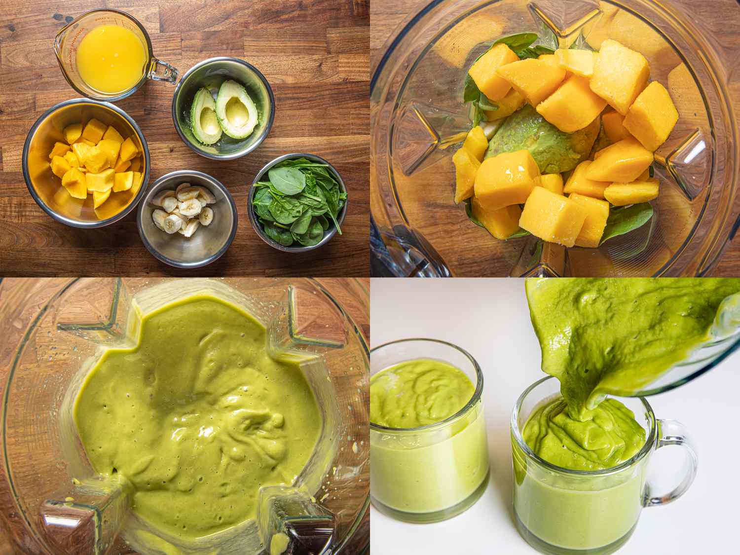 Four image collage of ingredients, ingredients in the blender, and pouring smoothie into cup