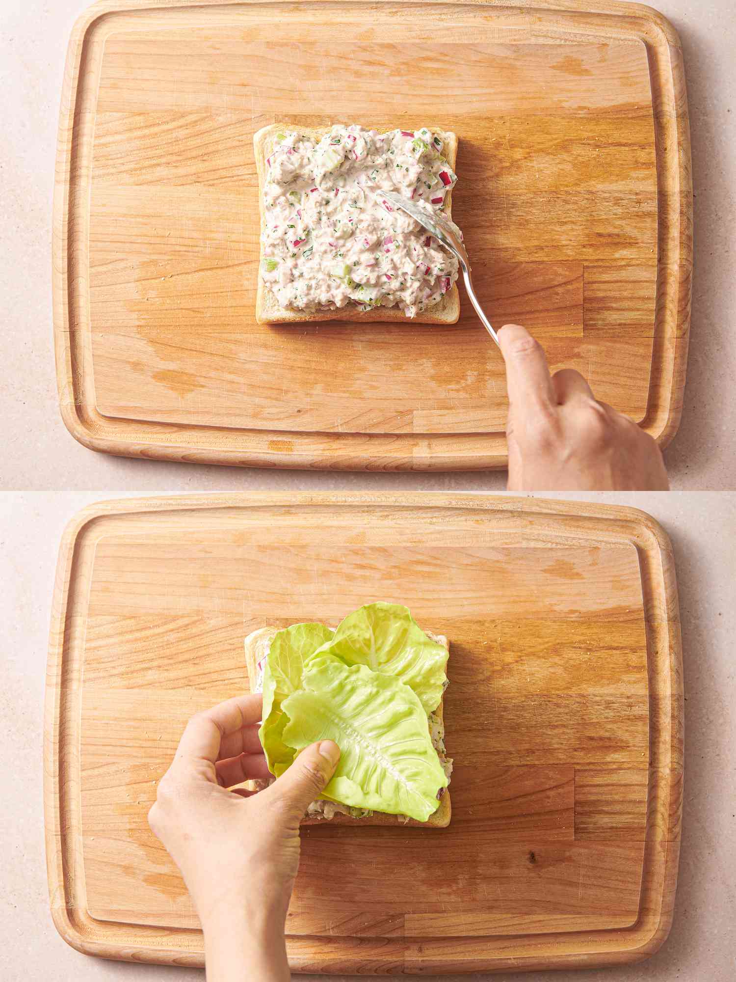 Tuna spooned onto a bread slice and tuna topped with lettuce leaves