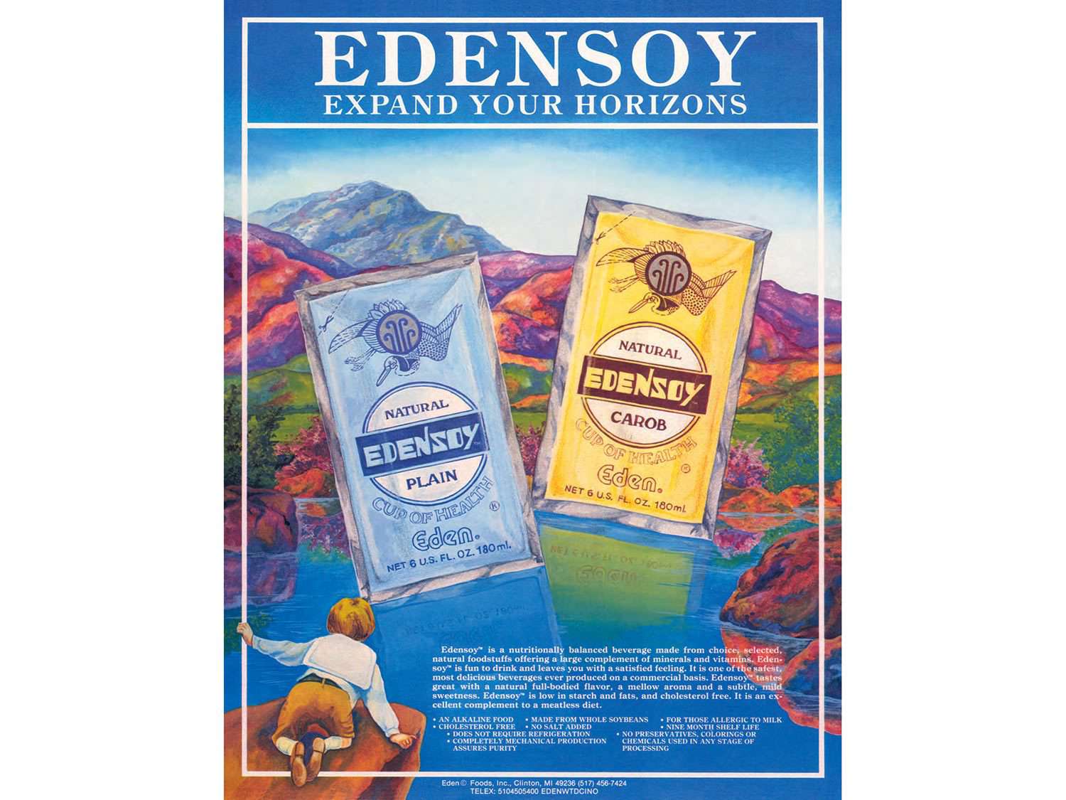 Edensoy的复古广告，以质朴的碳水化合物口味的豆浆为特色，背景是田园诗般的背景，广告宣称，