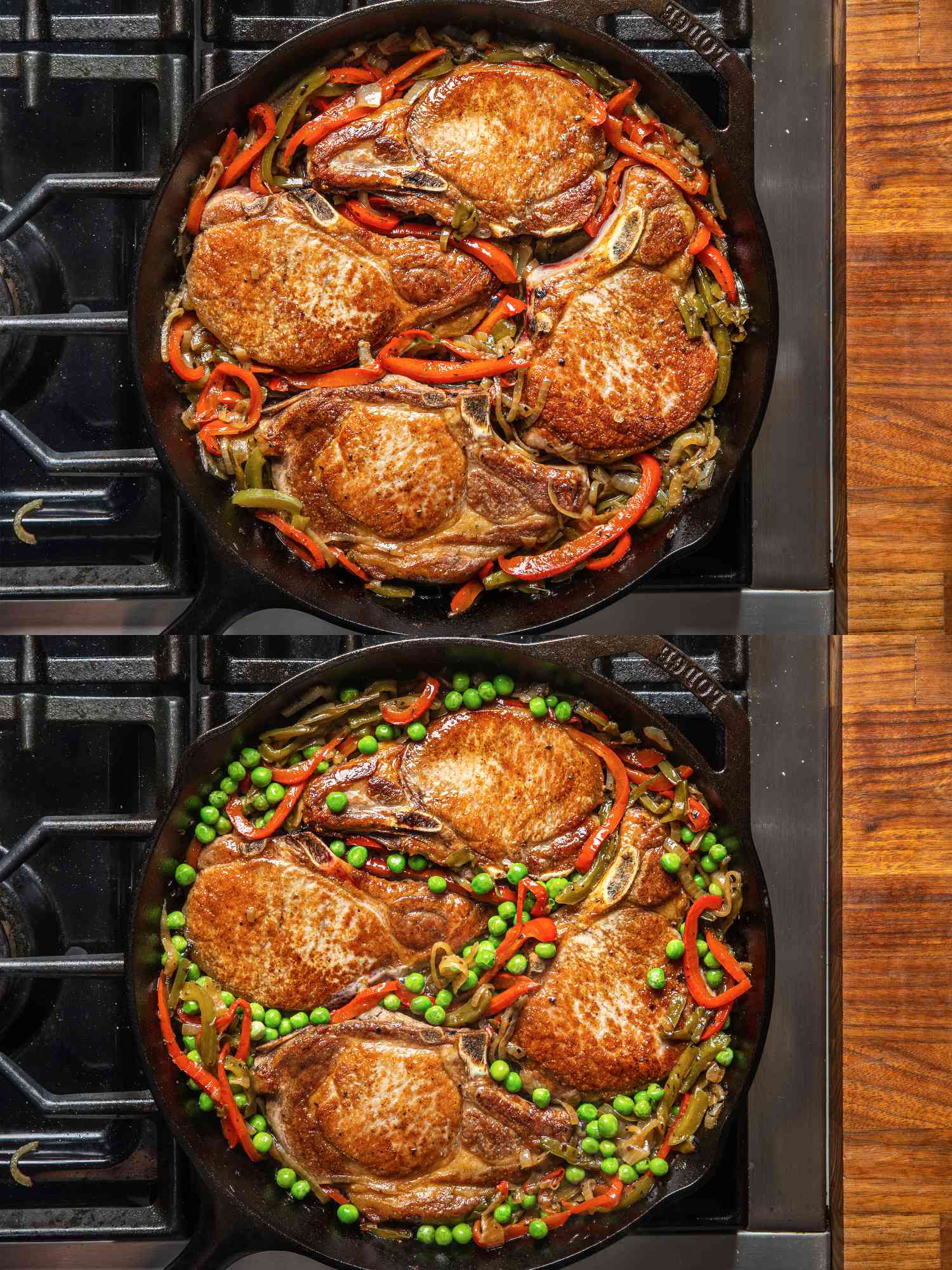 Two image collage of an overhead view of porkchops being nestled in peppers and then peas being added.