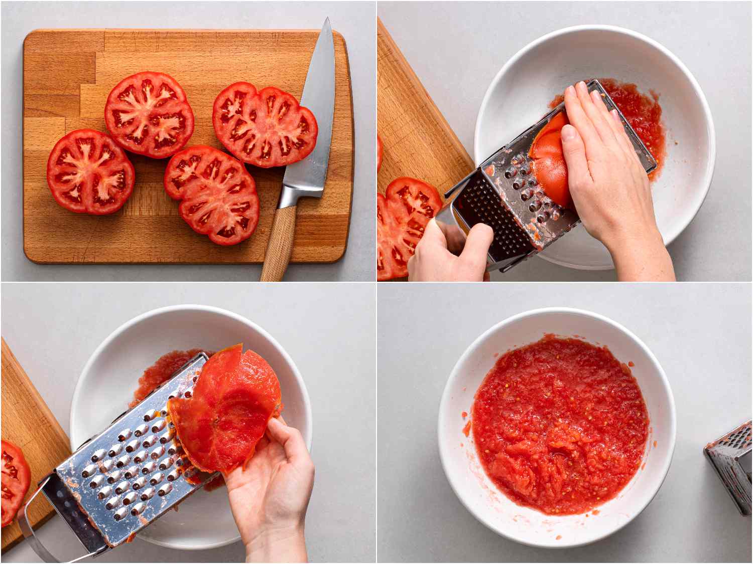 A collage demonstrating the process for grating tomatoes. From top left going clockwise: tomatoes sliced in half horizontally; half a tomato being grated on a box grater; the skin of the granted tomato on top of a box grater; a bowl of the grated tomato flesh in a white bowl.