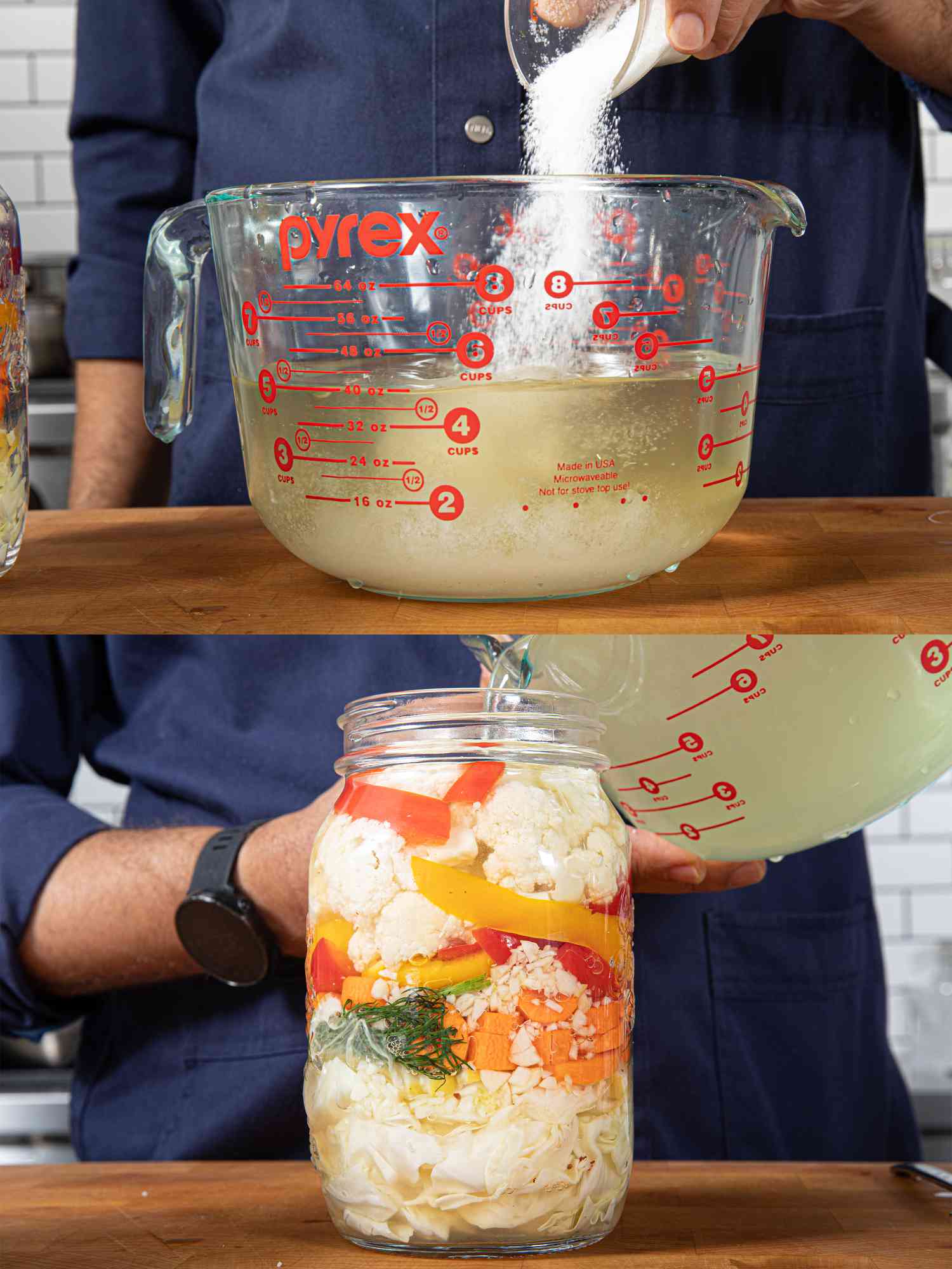 Two image collage of adding salt to pickling mixture and pouring pickling mixture into jar with vegetables