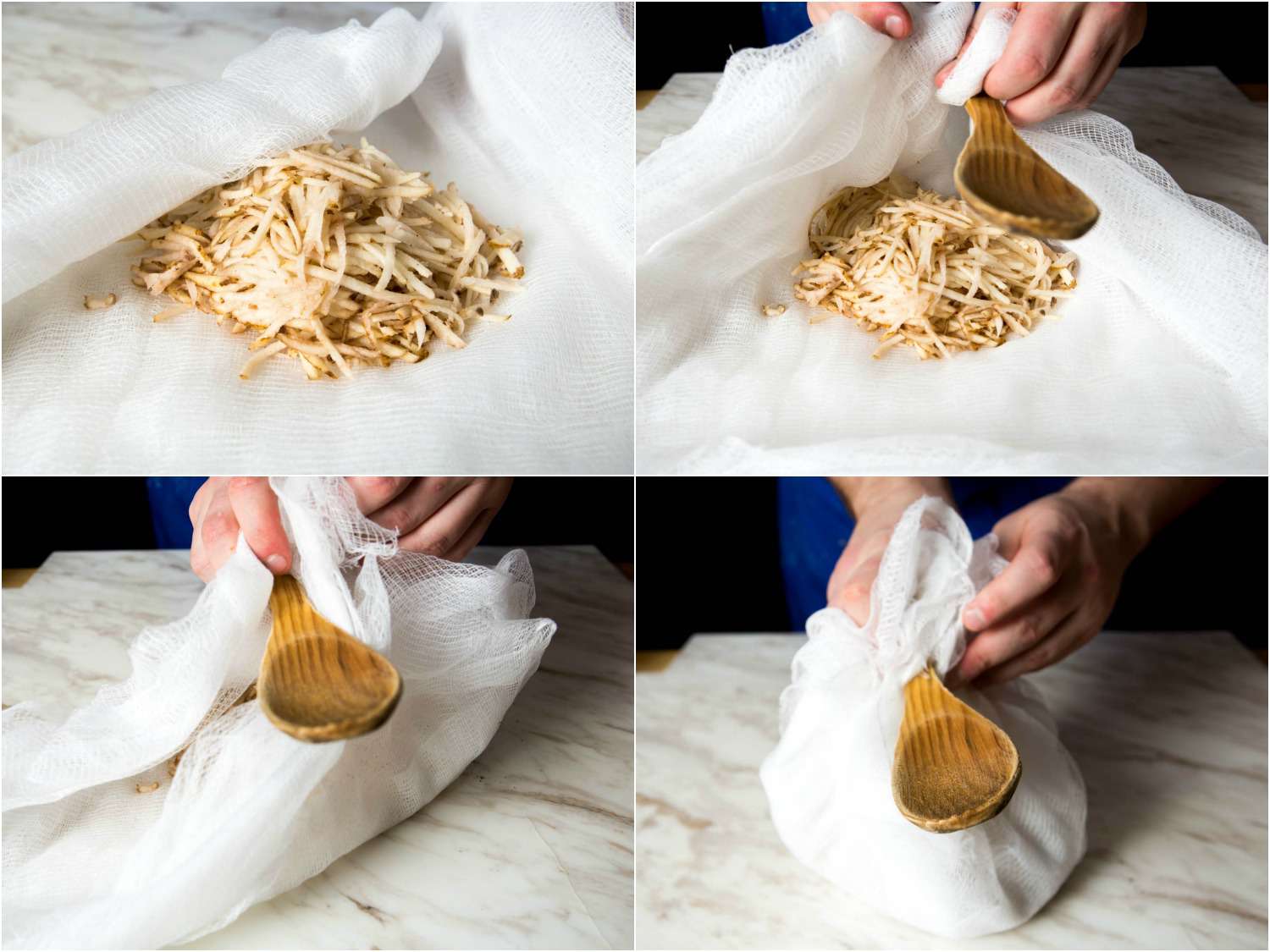 从土豆丝中拧出水分的拼贴照片:用粗棉布包裹土豆丝，用木勺将粗棉布的两端包裹起来，准备拧gydF4y2Ba