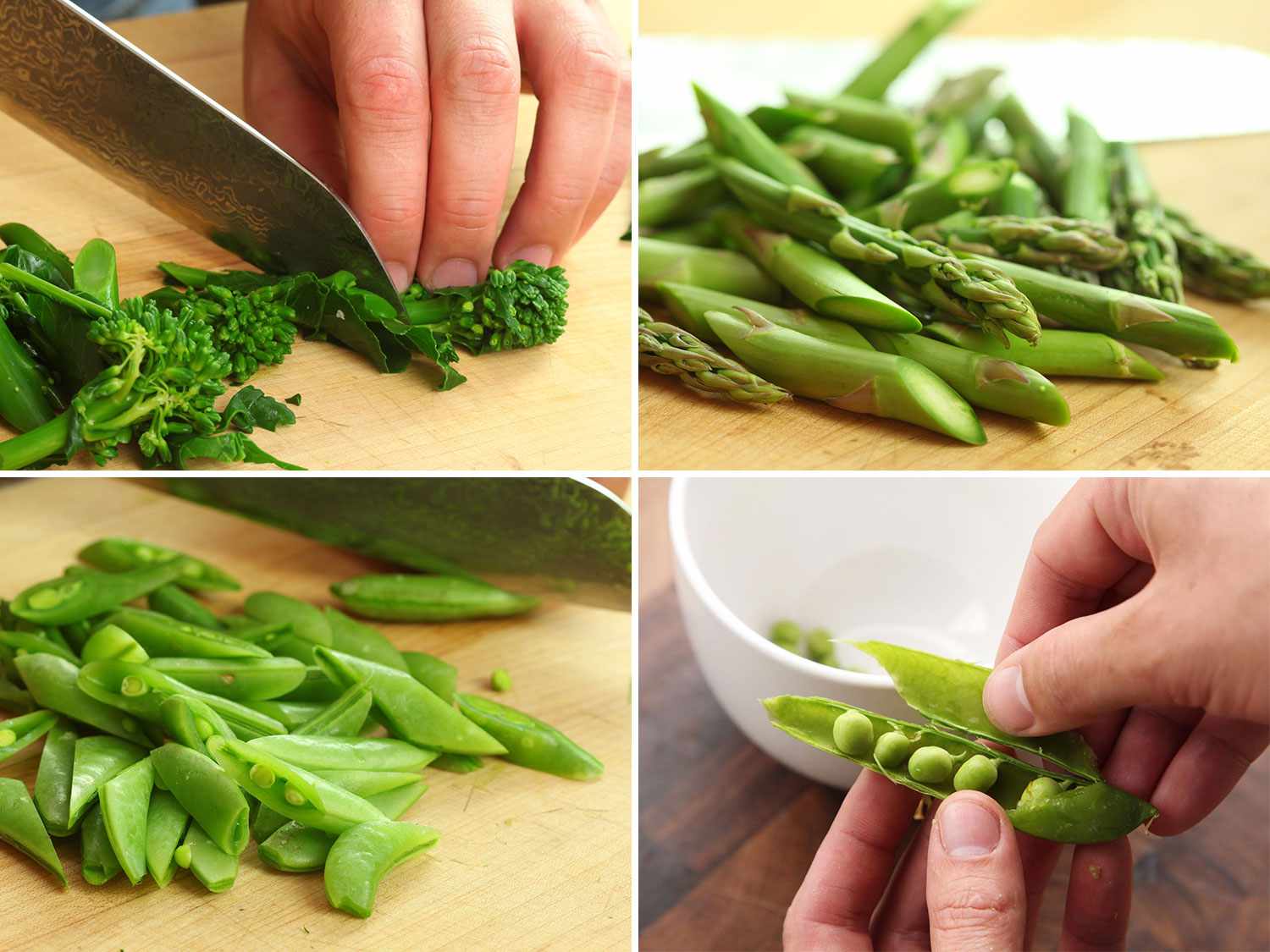 为意大利面准备绿色蔬菜的4张拼贴图:修剪西兰花、芦笋和糖豌豆，切成薄片，绿豌豆去壳。gydF4y2Ba