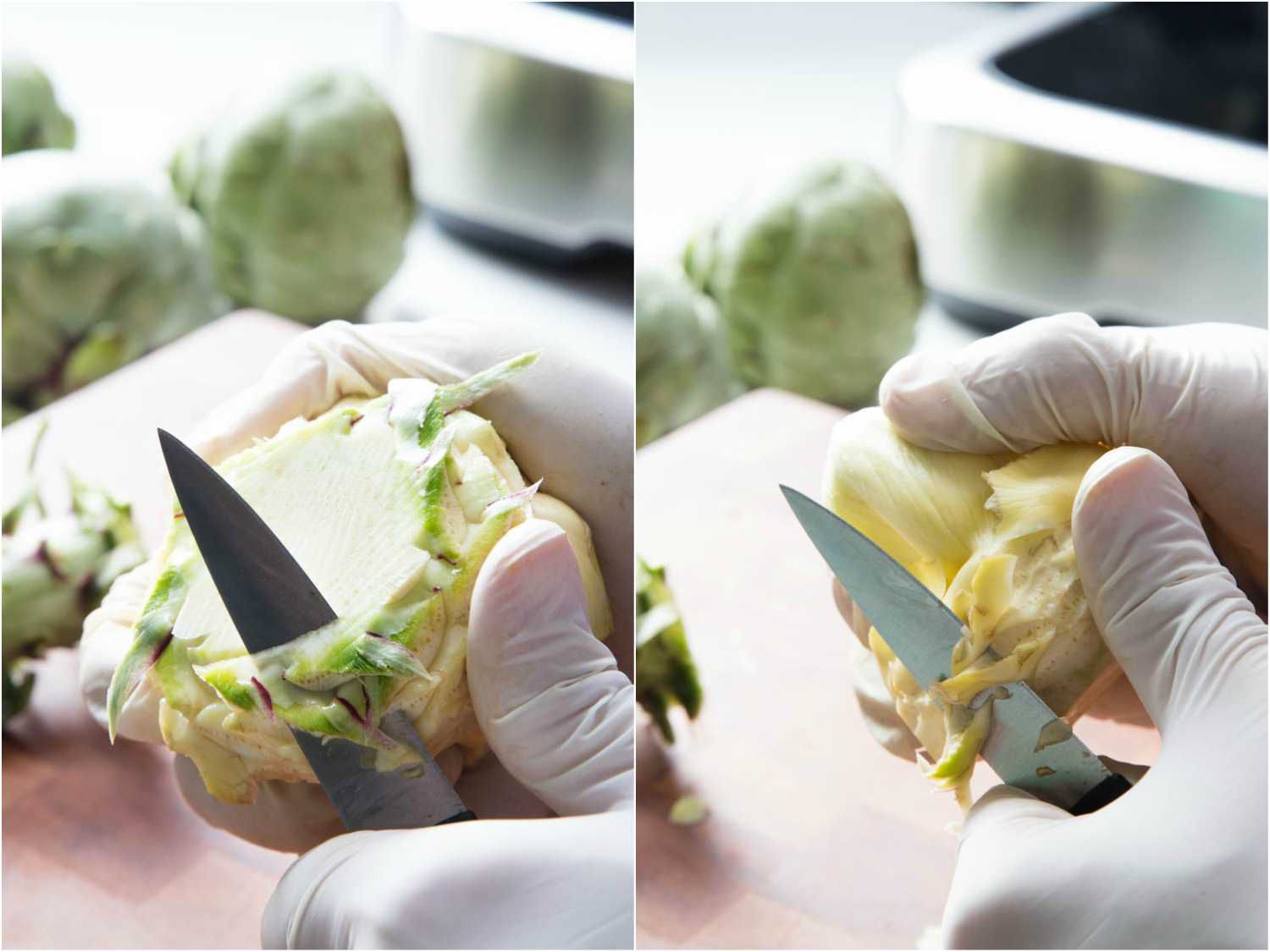 Collage of gloved hands holding a paring knife, rotating around an artichoke heart to cut off remaining bracts.