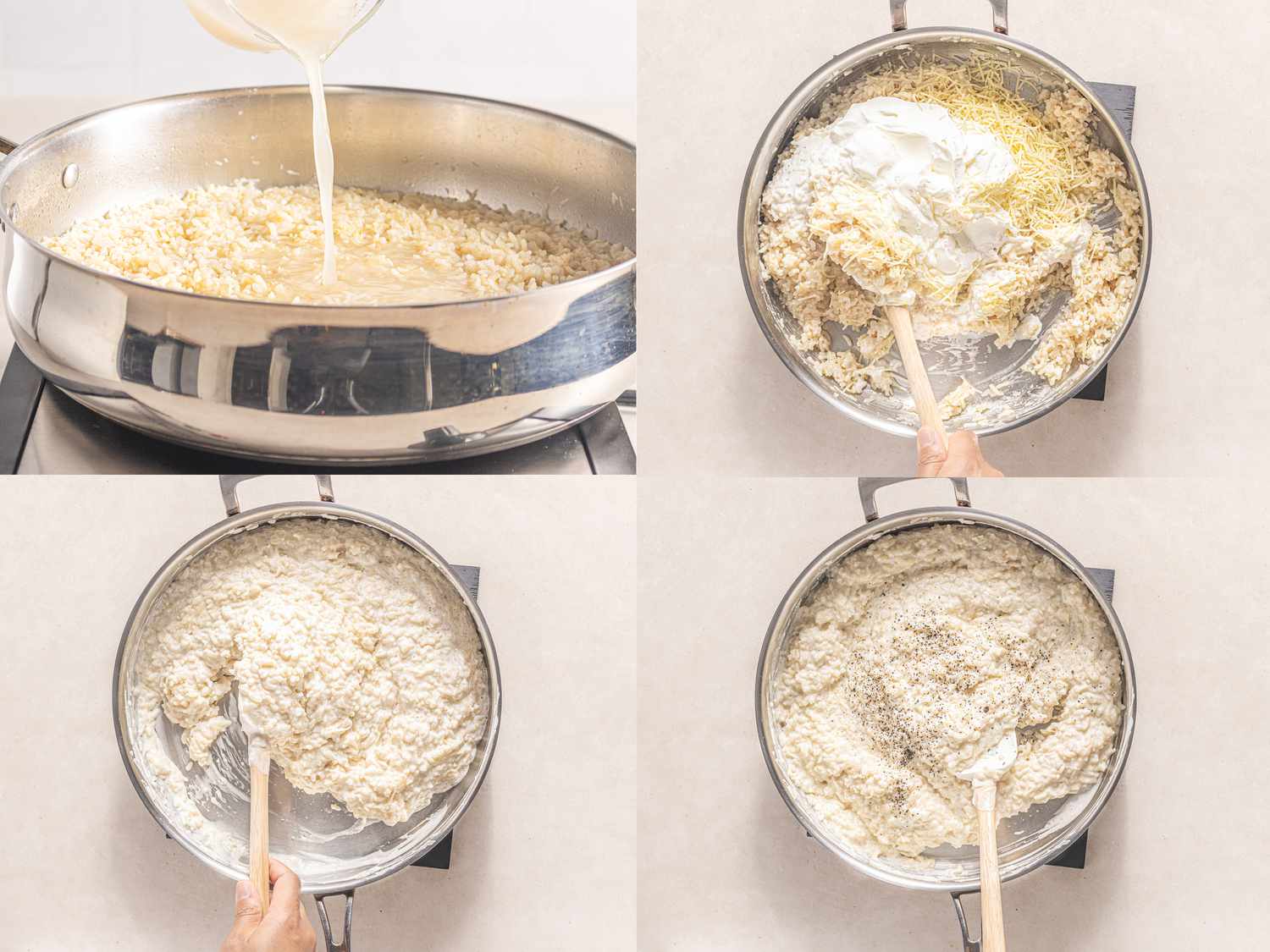 Four image collage of adding stock, cream, and cheese to risotto