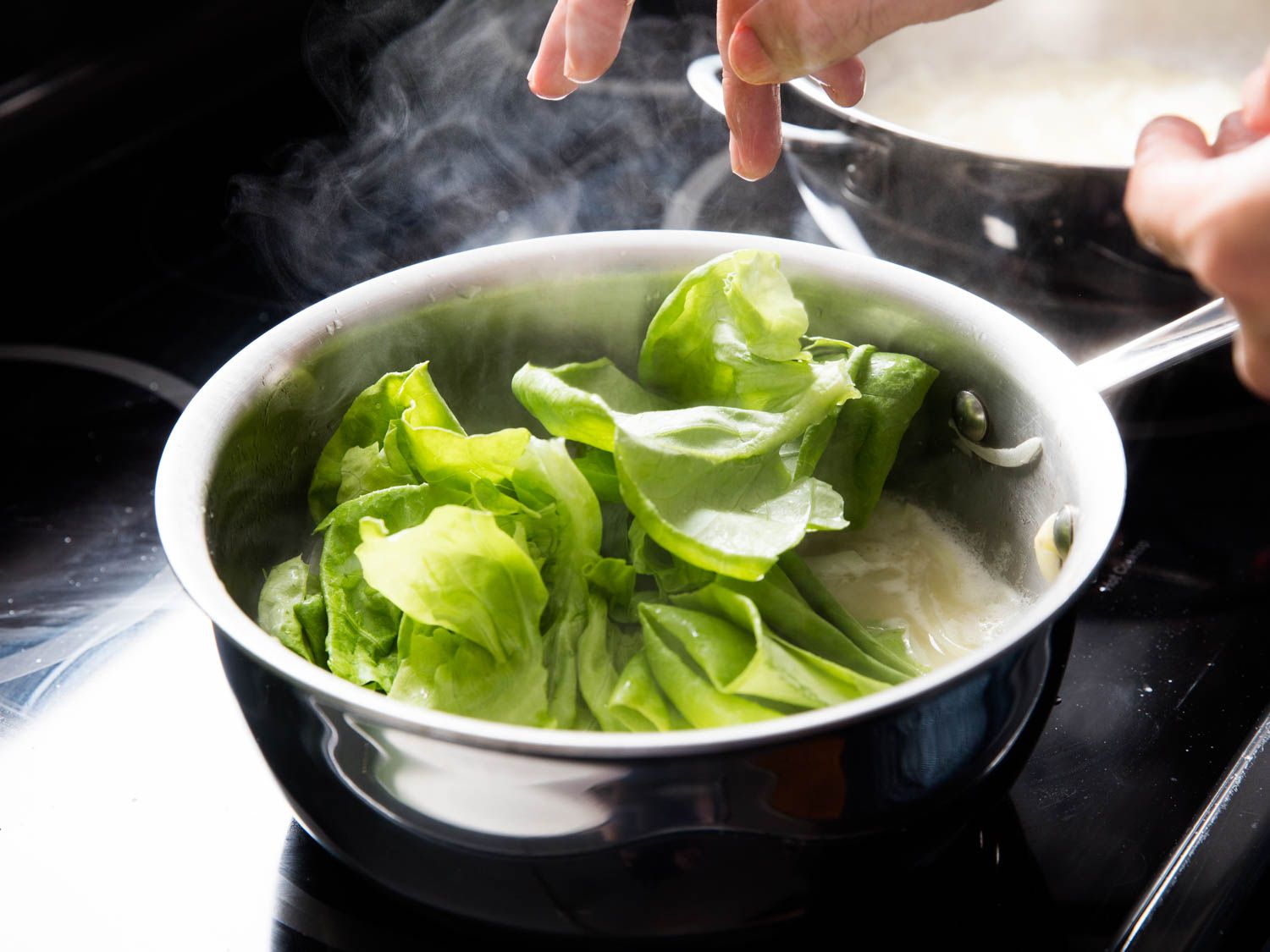 将生菜和欧芹叶加入炖锅中，加入高汤和香料。gydF4y2Ba