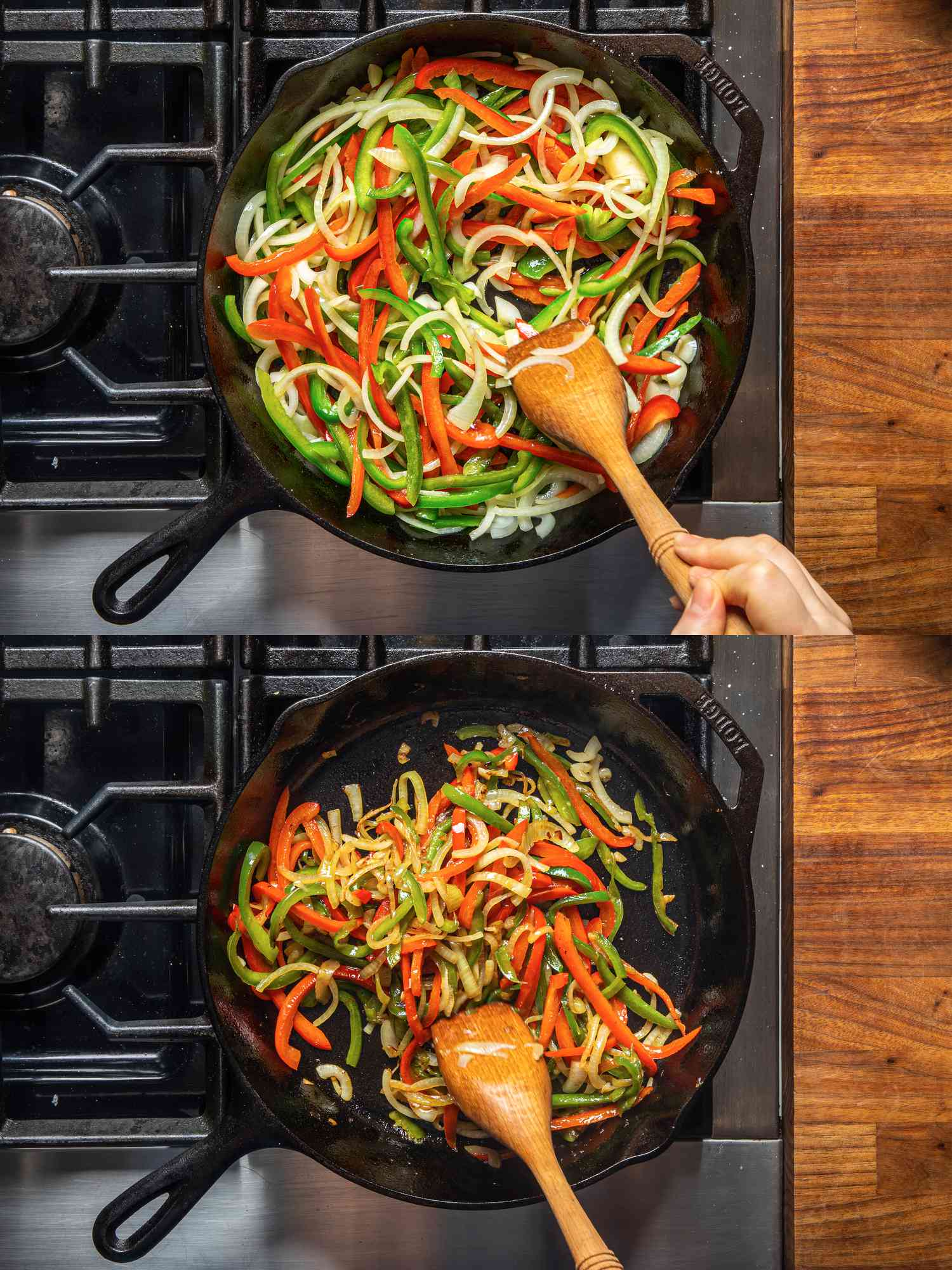 Two image collage of overhead view of cooking peppers down in a skillet