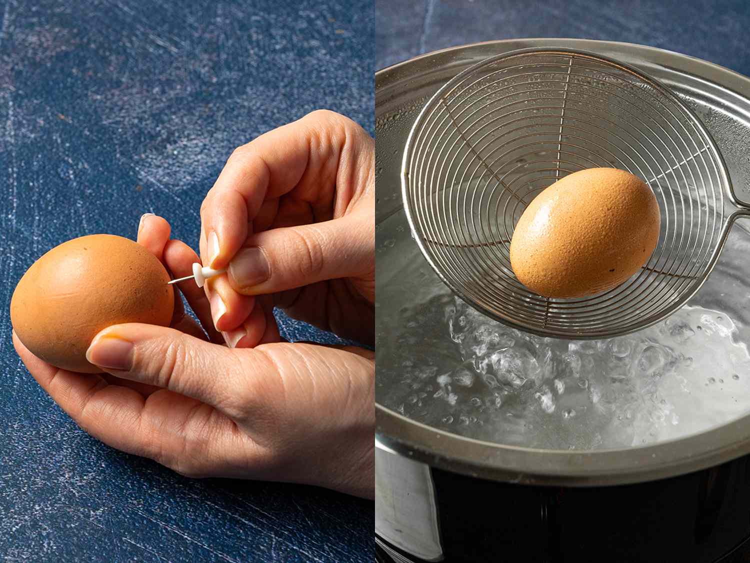 用图钉刺穿鸡蛋，然后慢慢放入沸水中gydF4y2Ba