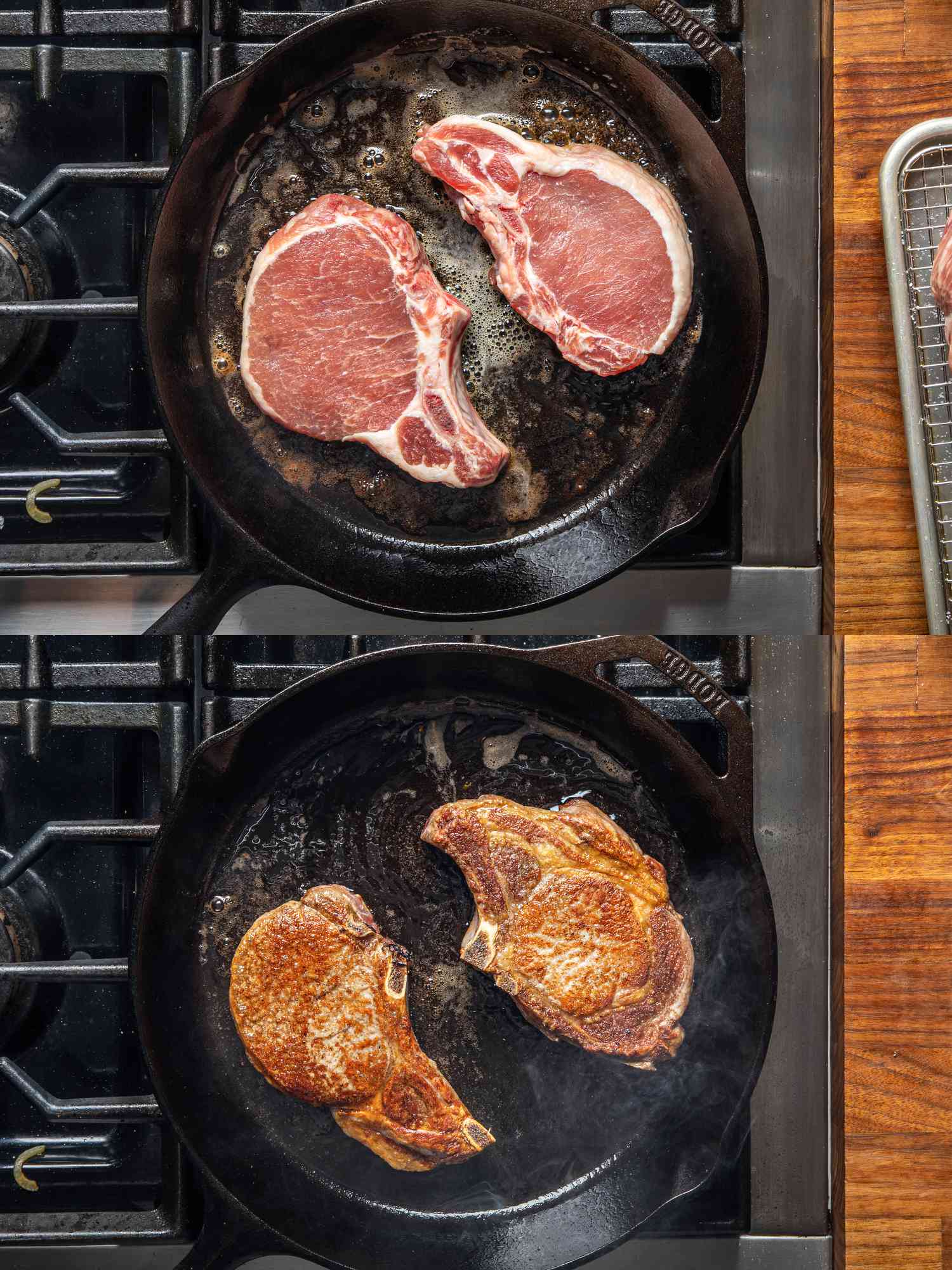 Two image collage of overhead view of porkchops being browned in a skillet