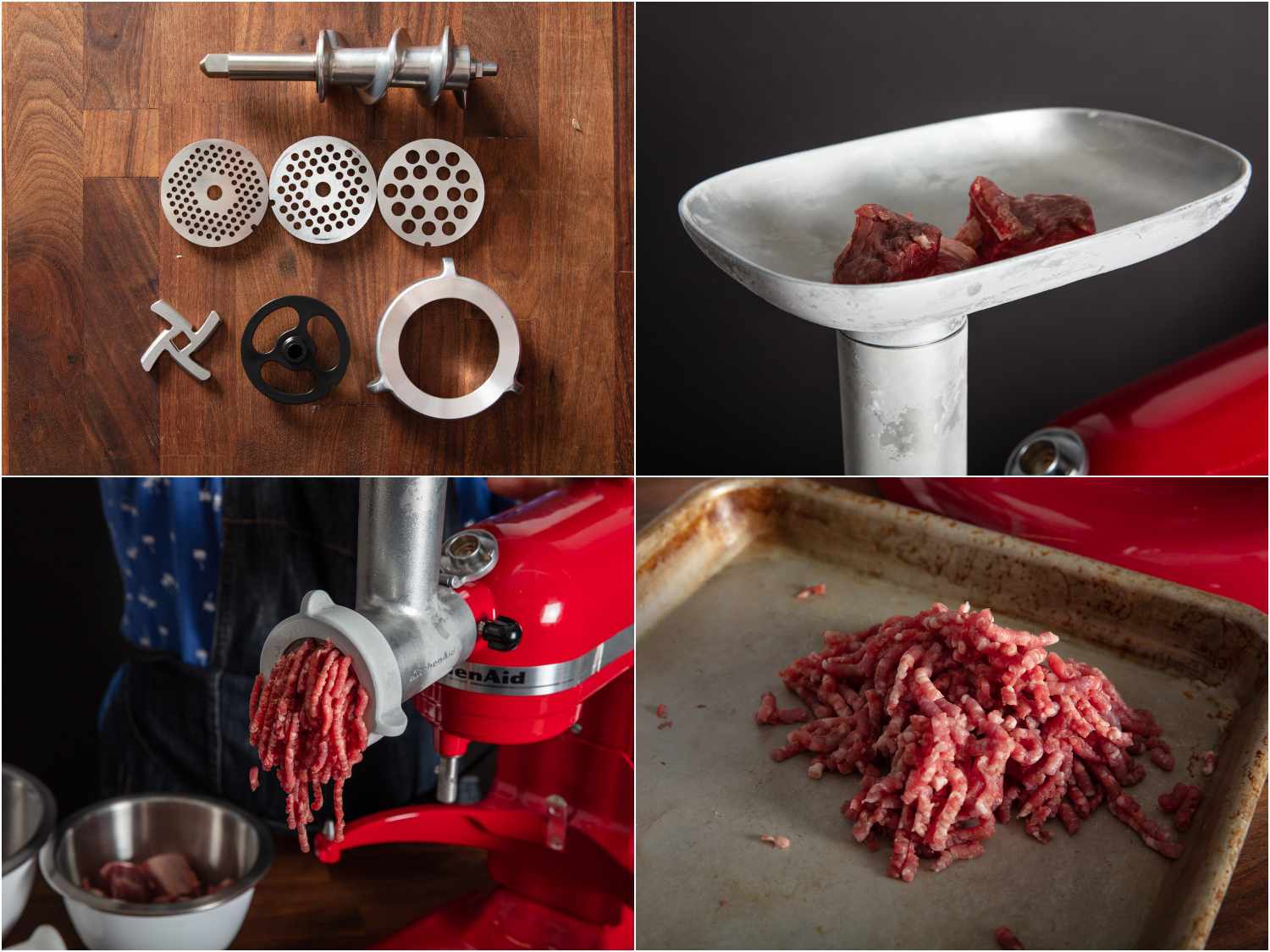 KitchenAid stand mixer meat grinder attachment features: all metal parts; plate for meat; grinding beef; close up of ground beef