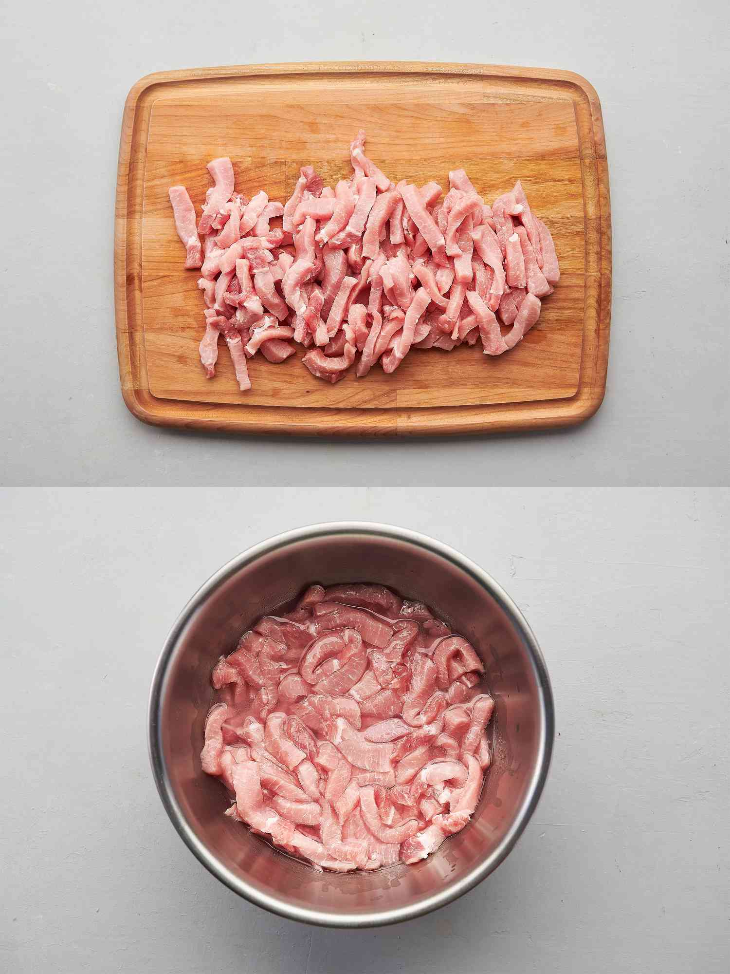 猪肉切成细条，猪肉搅拌入小苏打混合物中gydF4y2Ba