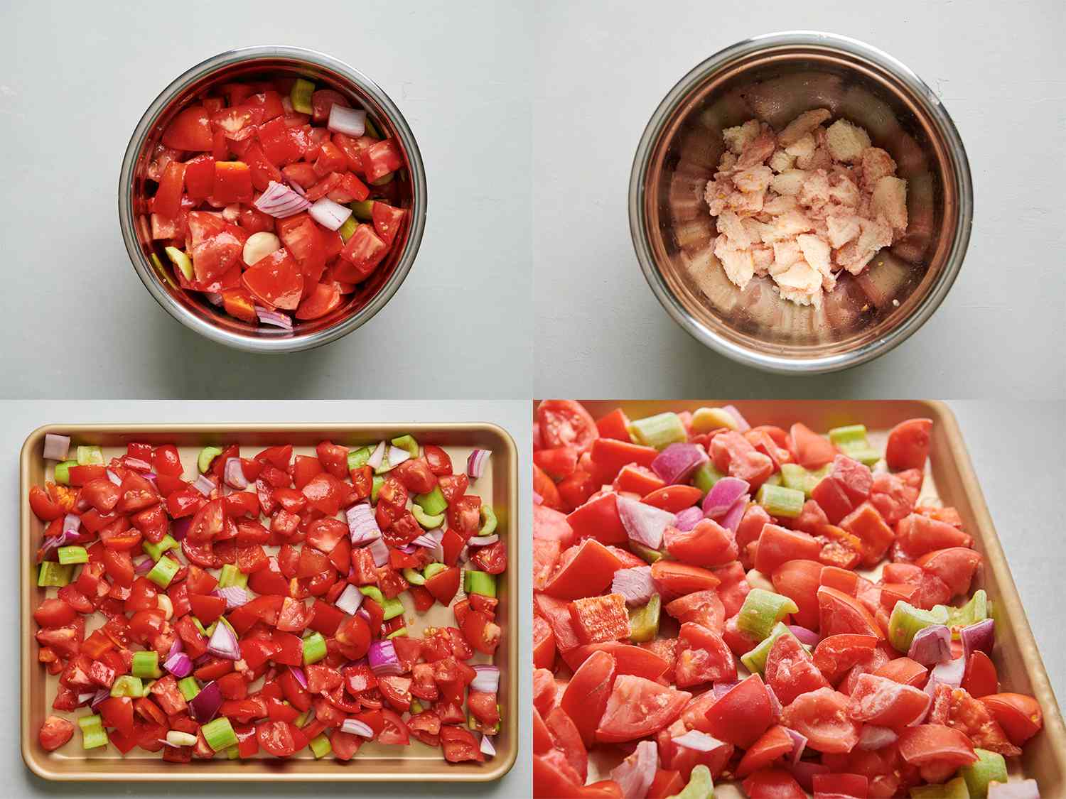 四幅图像拼贴画。左上角的图片显示了西红柿、黄瓜、洋葱、胡椒、大蒜和盐混合在一起，并彻底倒入一个大碗中。右上方的图片显示了一个大碗里排干的果汁和面包。左下角的图片显示了排干的蔬菜转移到有边框的烤盘上。右下方的图片显示的是冷冻的蔬菜，放在有边的烤盘上。