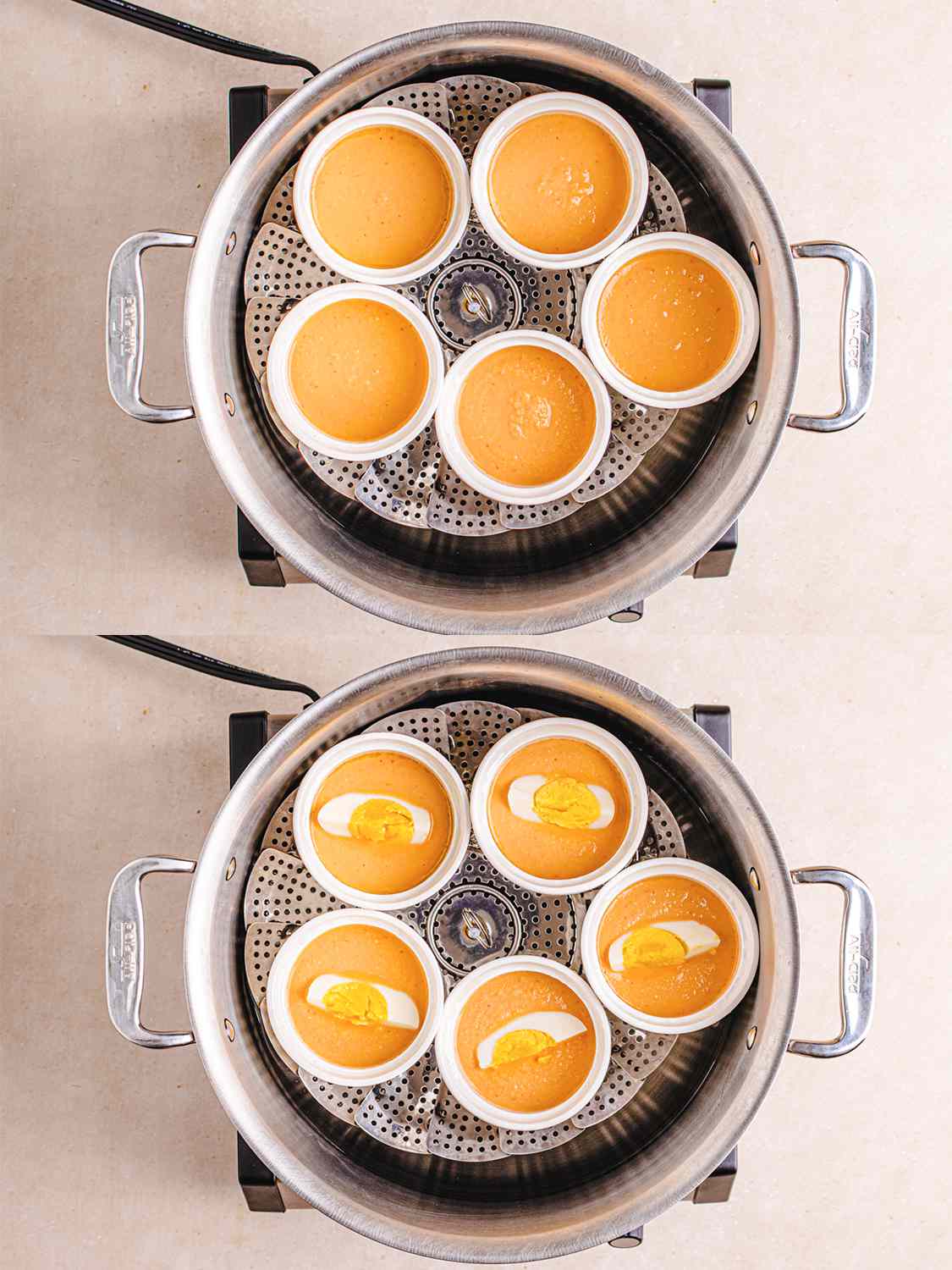 两张拼贴图是在鸡蛋放入蒸笼之前和之后，在模子里的moin moin混合物的俯视图