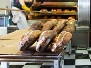塔尔廷面包店厨房里面包师桌子上的面包。在背景中，有人正在用长柄削皮来移动商用烤箱里的面包。